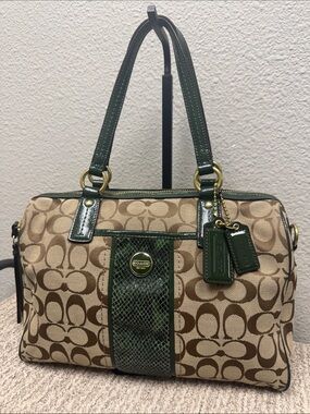 Coach Tan Signature Canvas Satchel with Green Leather Trim